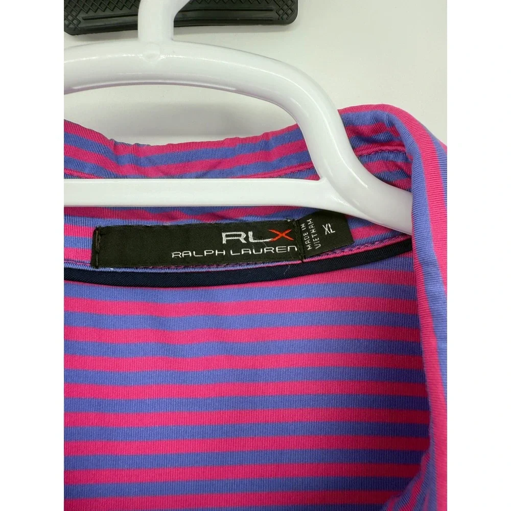 RLX Ralph Lauren Golf Polo Shirt XL Pink Purple Striped Short Sleeve‎ Note Logo